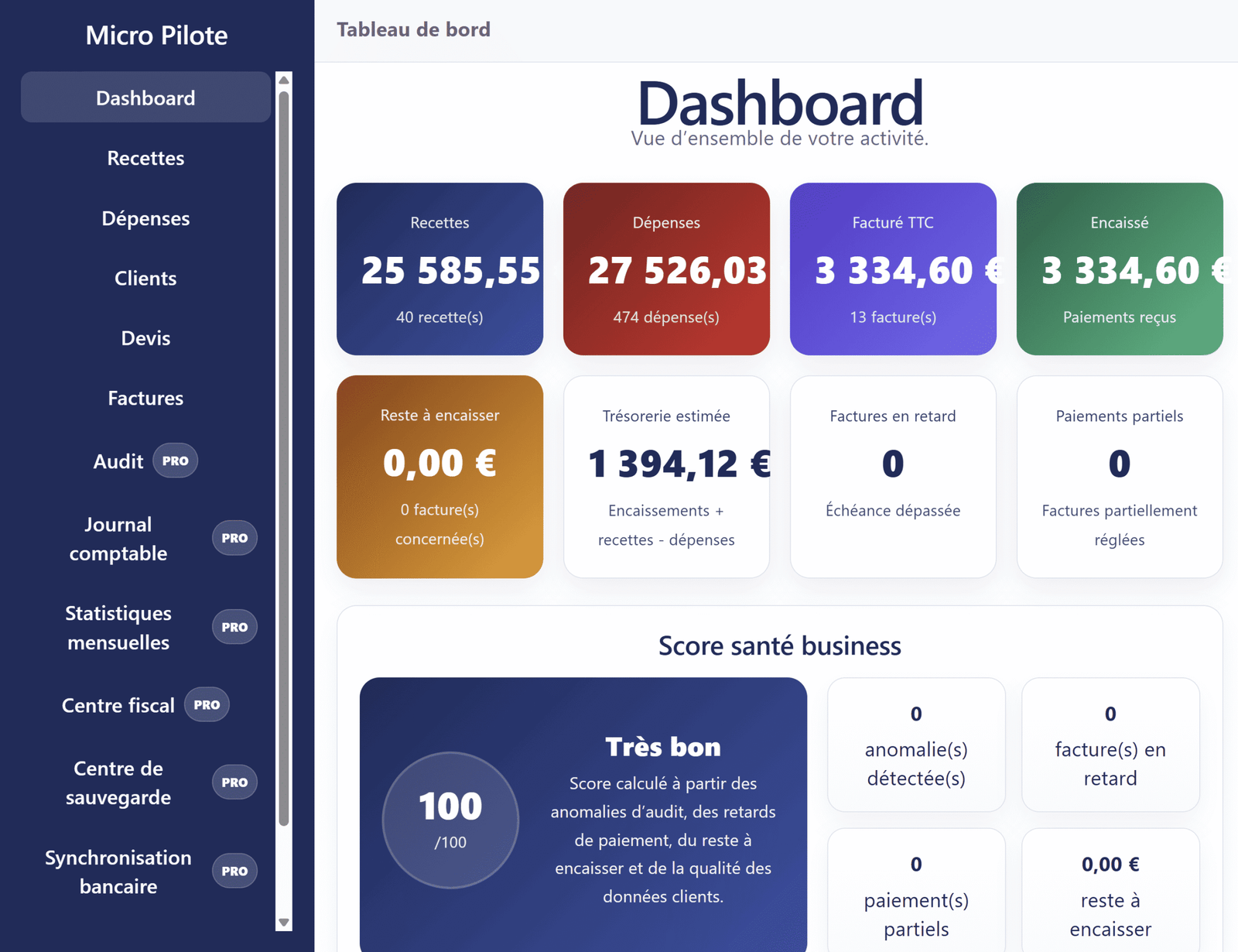 Aperçu du dashboard Micro Pilote